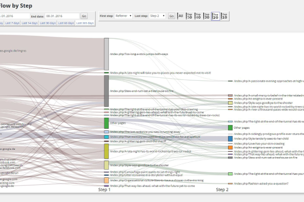 WP VisitorFlow - Screenshot of an example flow diagram visualizing the visitor flow on a WordPress website.